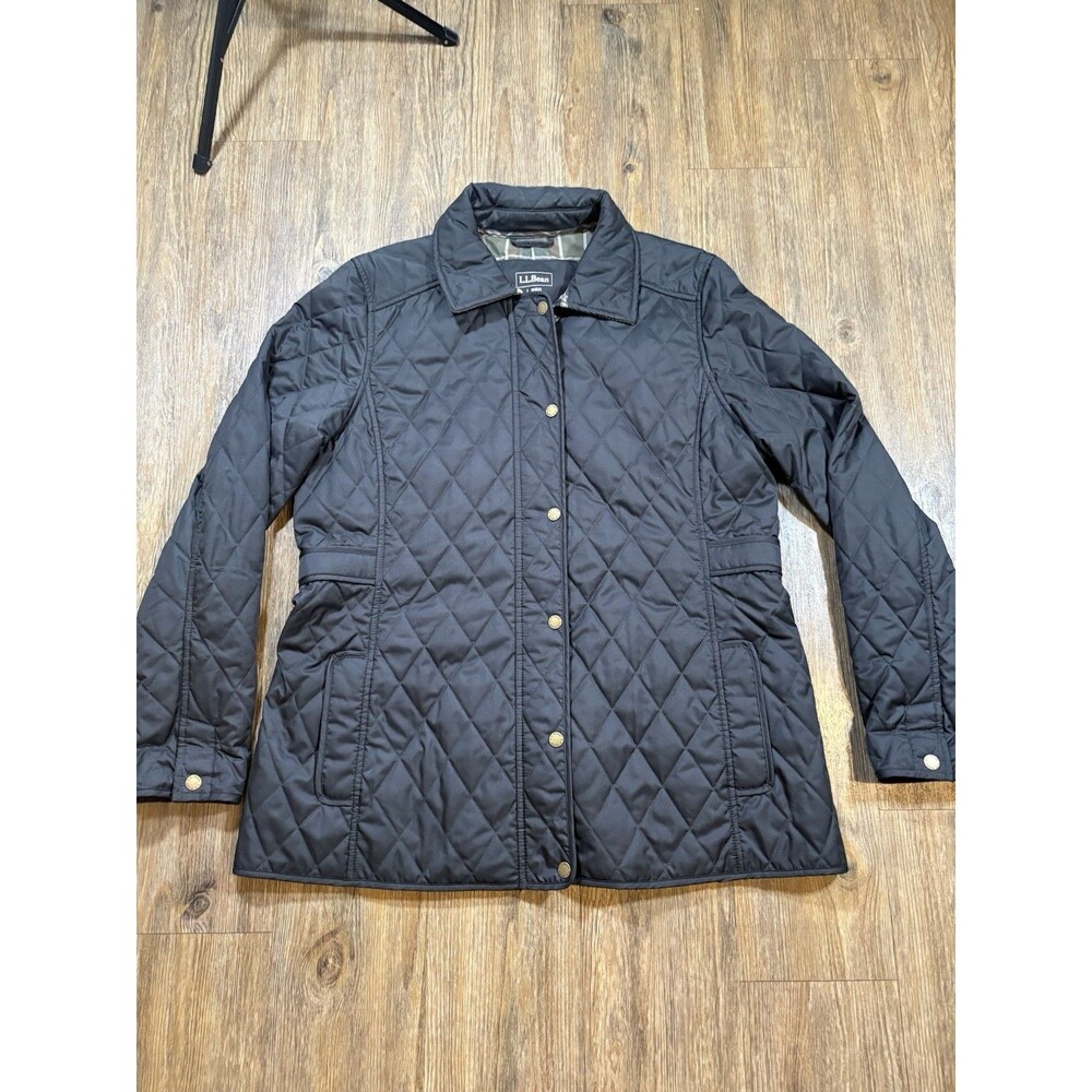 LL Bean Quilted Riding Chore Barn Jacket Plaid Lining Black Snaps Women's L